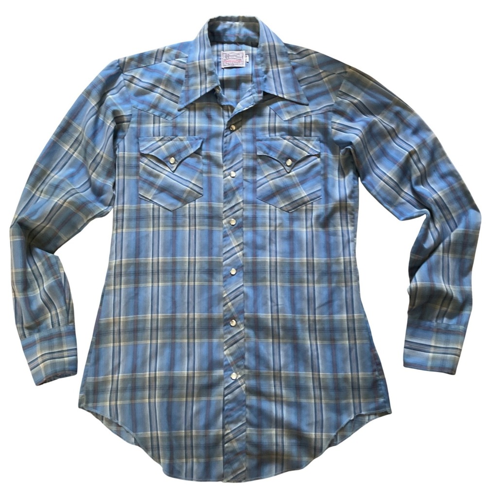 Vintage H Bar C Ranchwear Men Blue Plaid Western Pearl Snap Shirt Long Tail 15.5